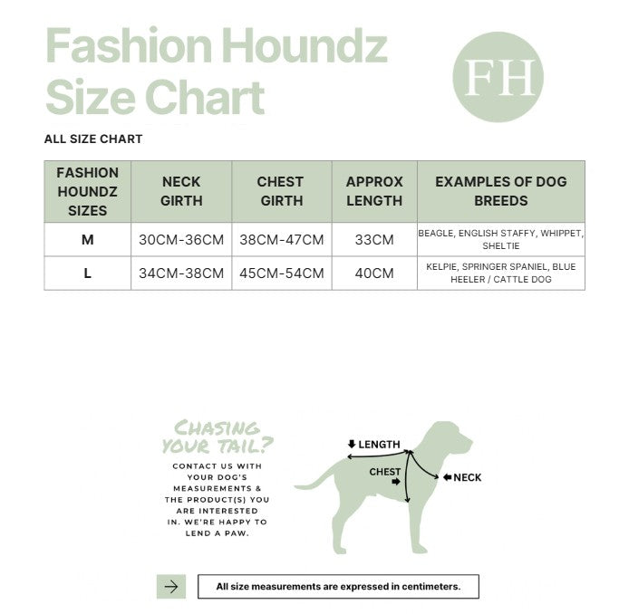 Fashion Houndz size chart for dog clothing with measurements and examples of dog breeds.