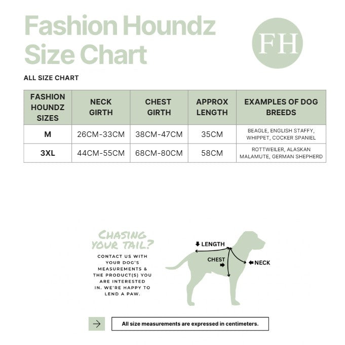 Fashion Houndz size chart for dog clothing with measurements and examples of dog breeds.