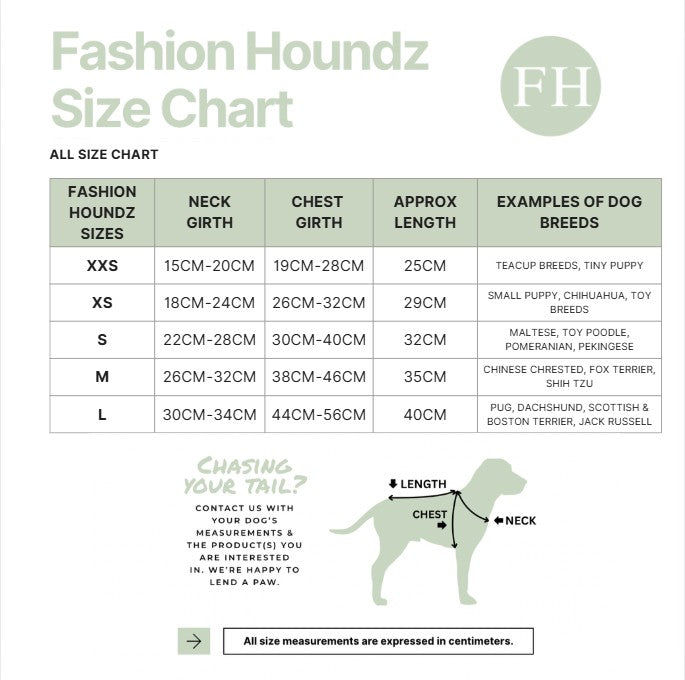 Fashion Houndz size chart for dog clothing with measurements and examples of dog breeds.