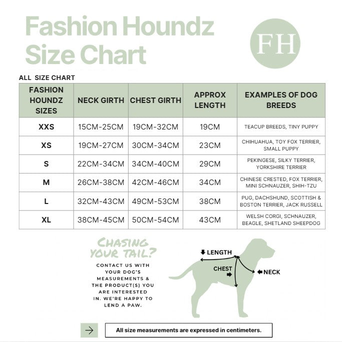Fashion Houndz size chart for dog clothing with measurements and examples of dog breeds.