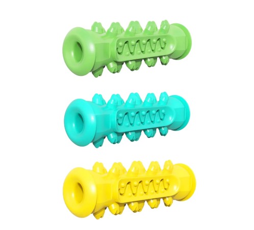 Three green, blue, and yellow textured rollers on a white background