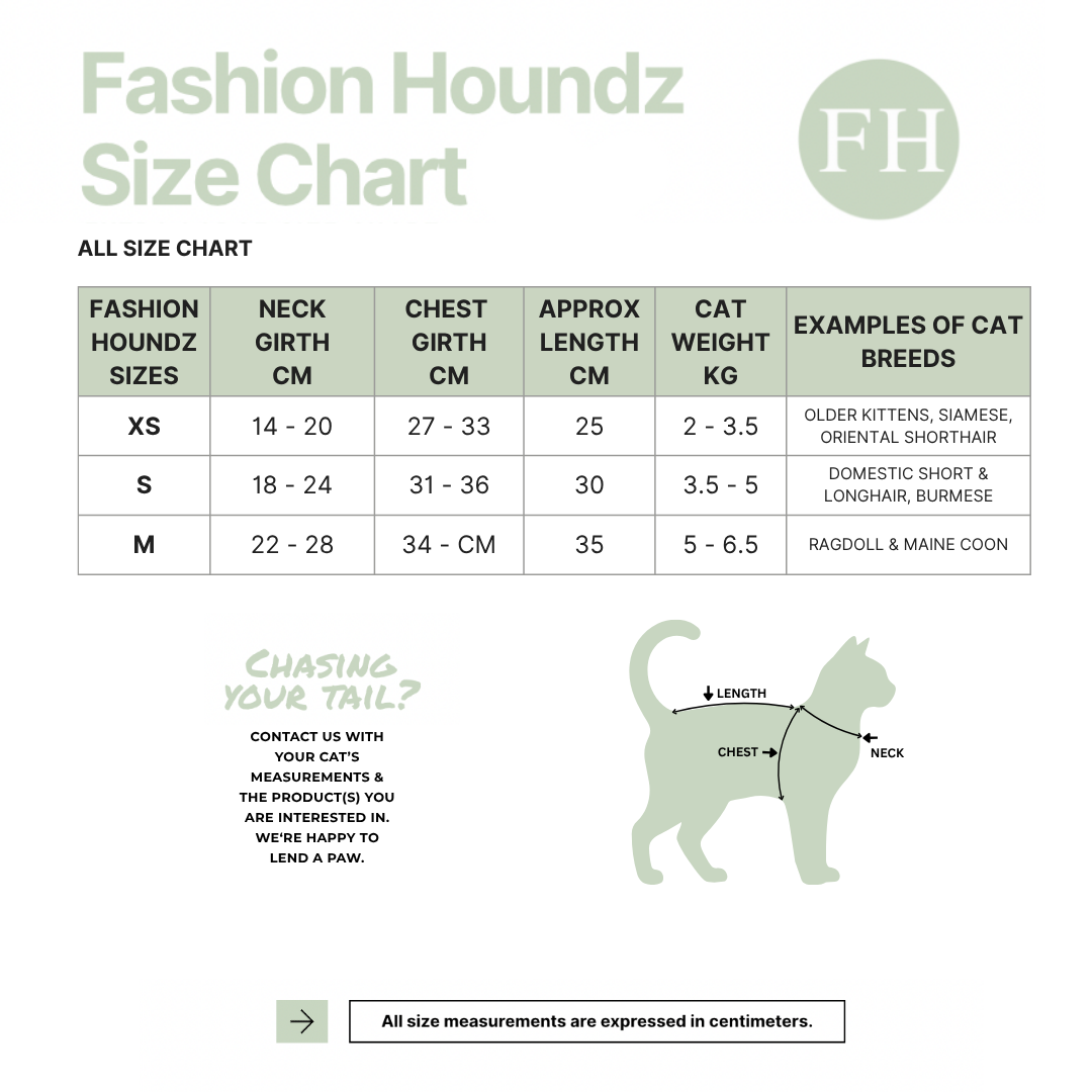 Fashion Houndz size chart for cat clothing with measurements and examples of cat breeds.