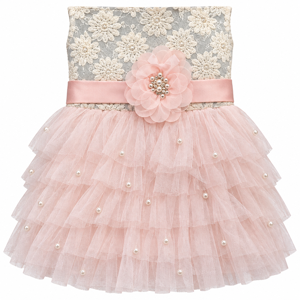 Dress Formal Sparkly Silver Pink Sash and Pearls