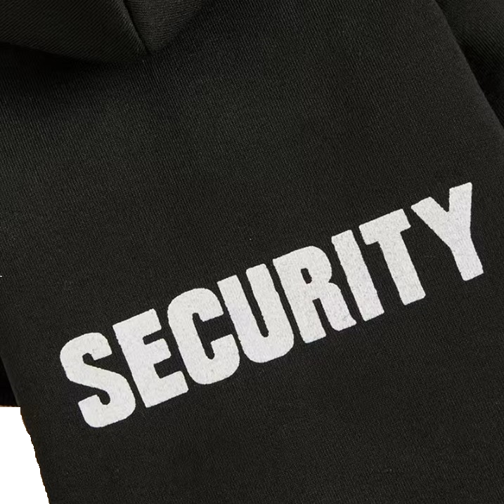 Black hoodie with 'SECURITY' printed in white on a white background