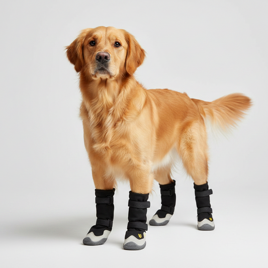 Dog wearing black boots on a white background