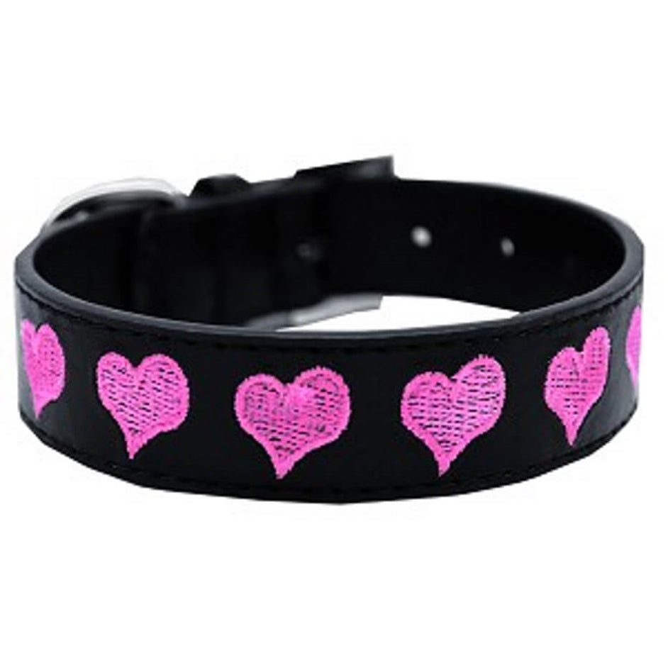 Black leather collar with pink heart patterns on a white background