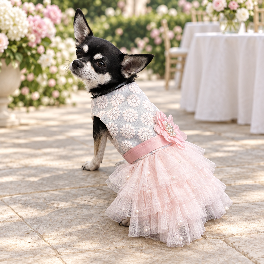 Dress Formal Sparkly Silver Pink Sash and Pearls