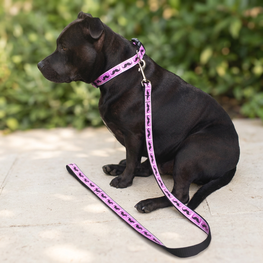 Collar & Matching Lead Set Nylon Pink Moustache