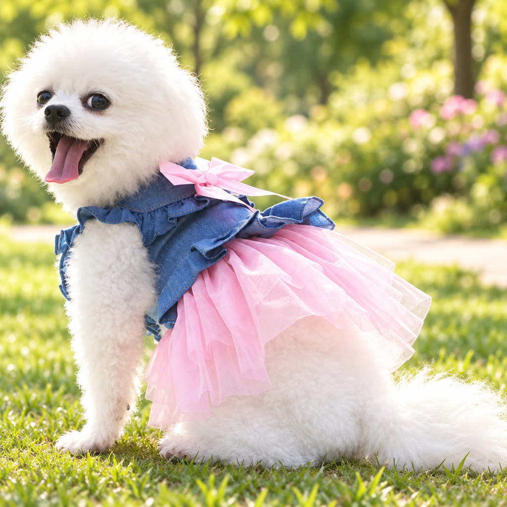 Dog Dress Soft Denim and Tulle Skirt with Bow
