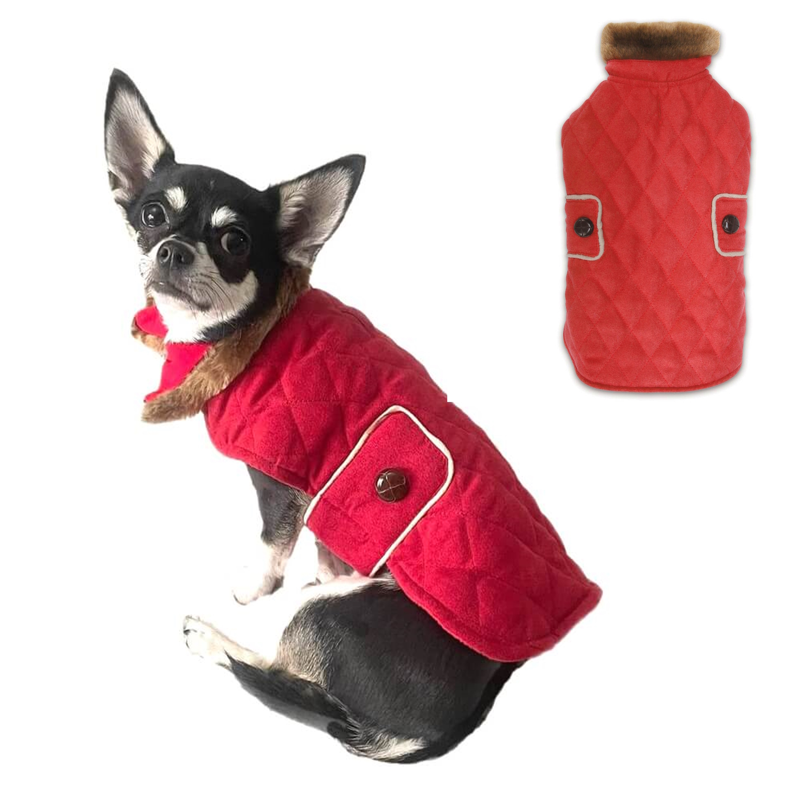 Small Dog Coat Red Quilted XXS XS S M L - Fleece Lined Adjustable Warm ...