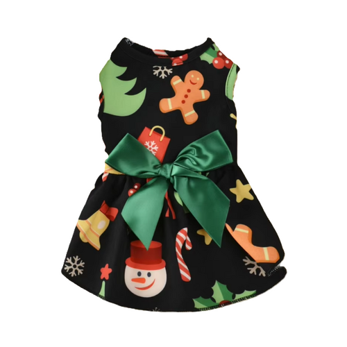 Dog Dress Black Festive Print Green Bow