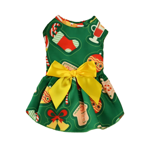 Dog Dress Green Festive Print Yellow Bow