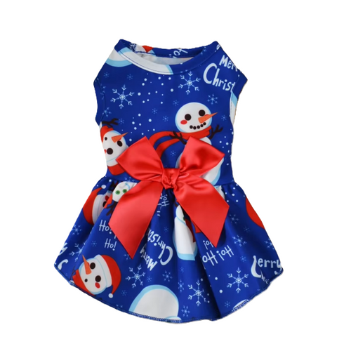 Dog Dress Blue Festive Print Red Bow