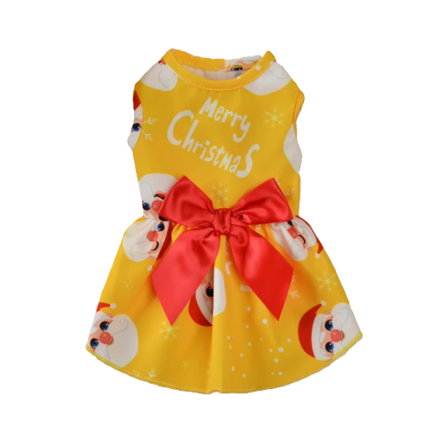 Dog Dress Yellow Festive Print Red Bow