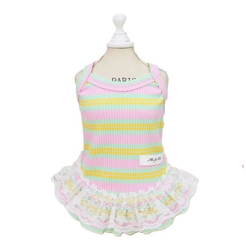 Dog Dress Stripe Pink Green Yellow