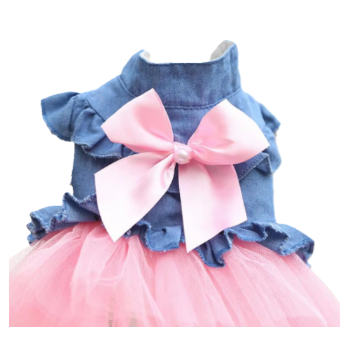 Dog Dress Soft Denim and Pink Tulle Skirt