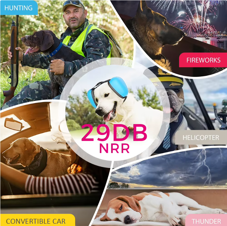 A promotional collage for a 29dB NRR dog noise reducer, featuring multiple dogs in different real-world scenarios (hunting, fireworks, helicopter, convertible car, thunderstorm) with text labels. A central white dog wearing blue ear muffs is surrounded by a gray circular frame with the text '29DB NRR' in bold pink.