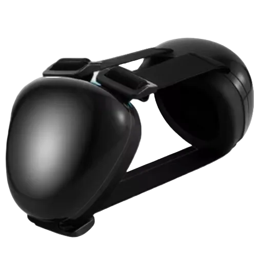 A black VR headset with a sleek, rounded design and integrated straps, shown on a plain light gray background.