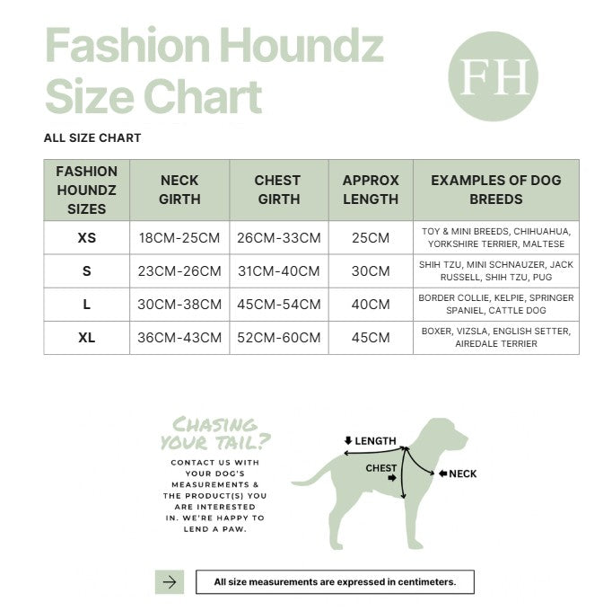 Fashion Houndz size chart for dog clothing with measurements and examples of dog breeds.