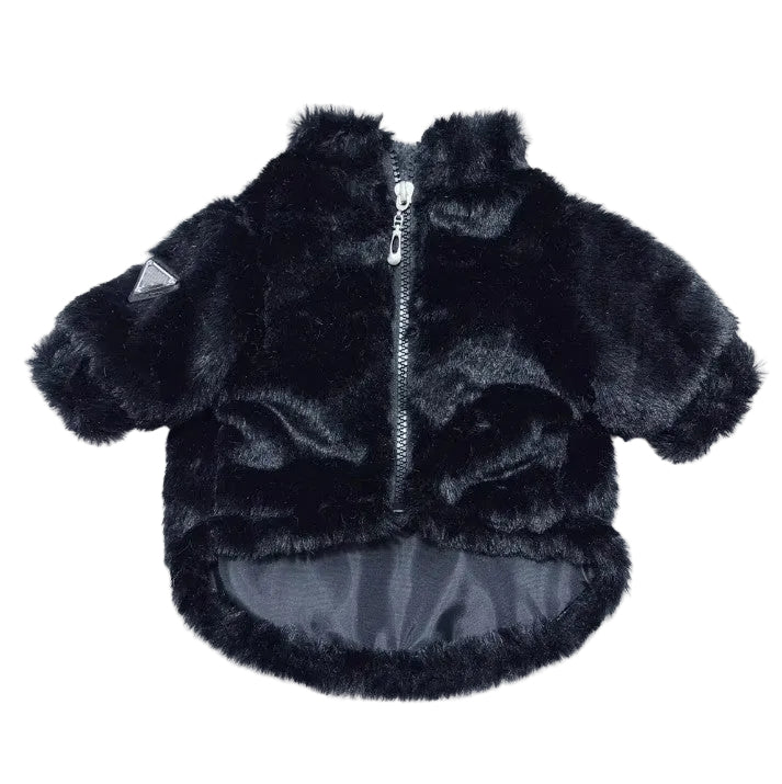 Black fluffy jacket with a zipper on a light gray background
