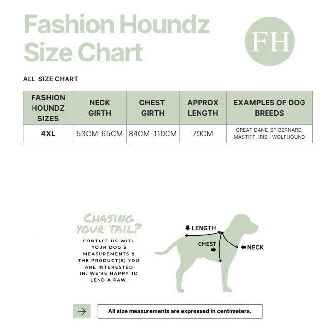Fashion Houndz size chart for dog clothing with measurements and examples of dog breeds.
