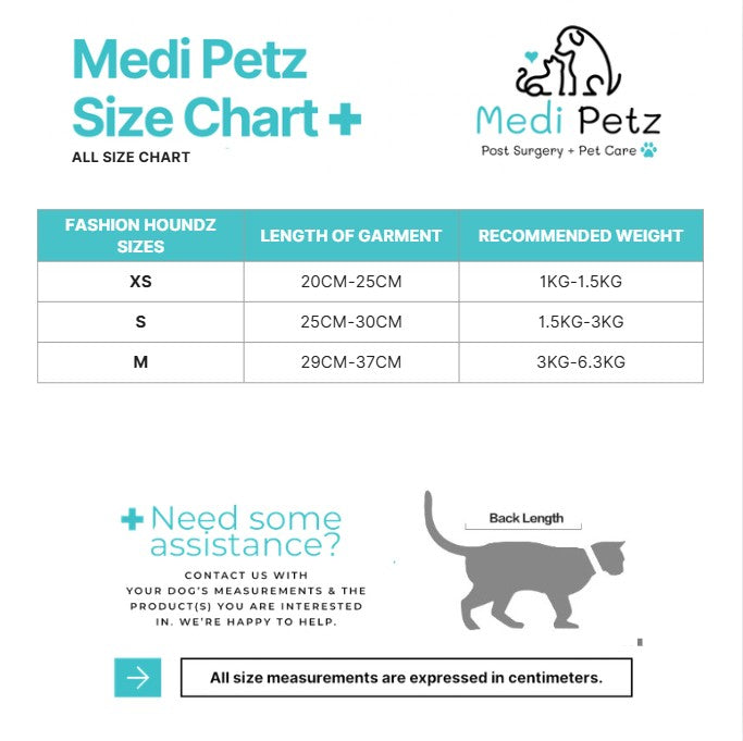 Medi Petz size chart for pet clothing with measurements and weight recommendations.