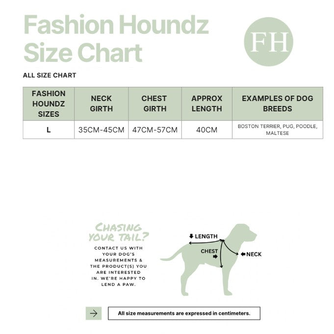 Fashion Houndz size chart for dog clothing with measurements and examples of dog breeds.
