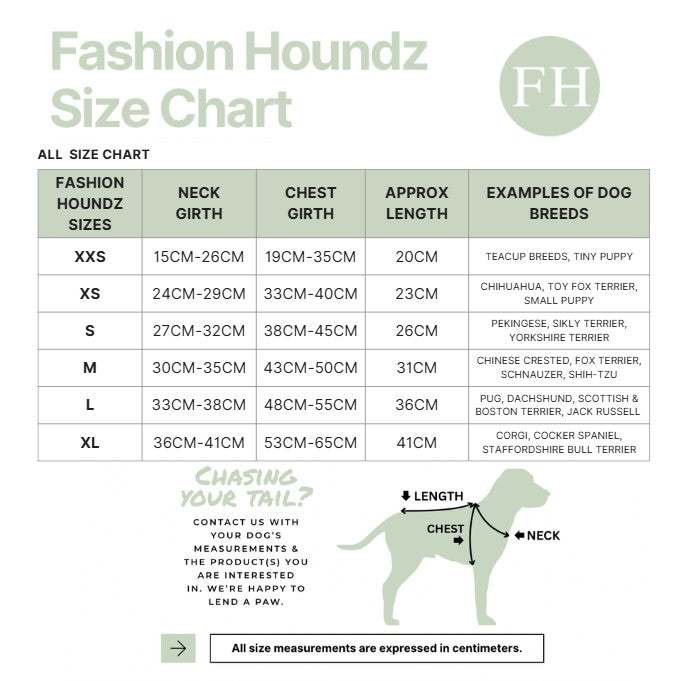 Fashion Houndz size chart for dog clothing with measurements and examples of dog breeds.