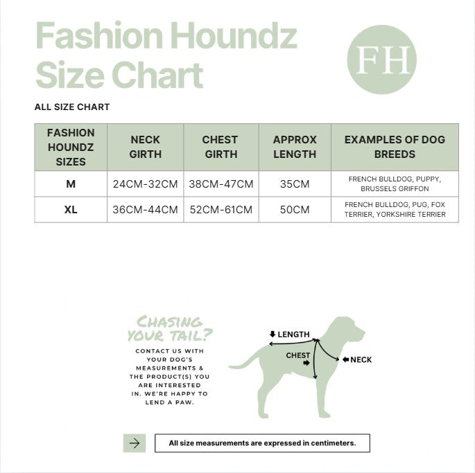 Fashion Houndz size chart for dog clothing with measurements and examples of dog breeds.