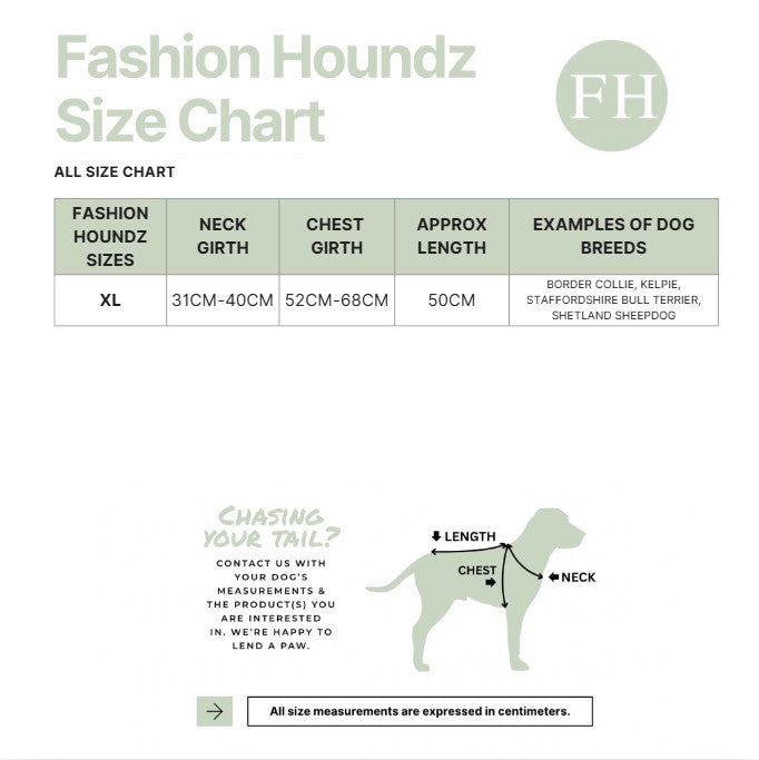 Fashion Houndz size chart for dog clothing with measurements and examples of dog breeds.