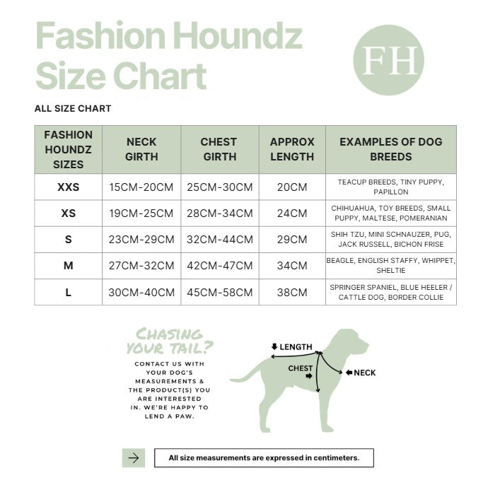 Fashion Houndz size chart for dog clothing with measurements and examples of dog breeds.