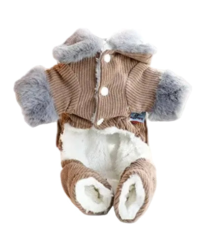 Dog coat with fur trim and white lining on a light background
