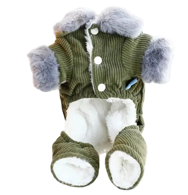 Green corduroy dog coat with fur trim on a white background
