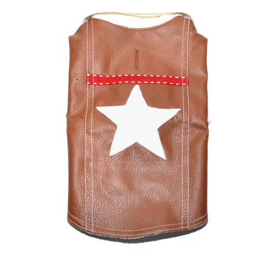 Brown leather vest with a white star and red reflective strip on a white background