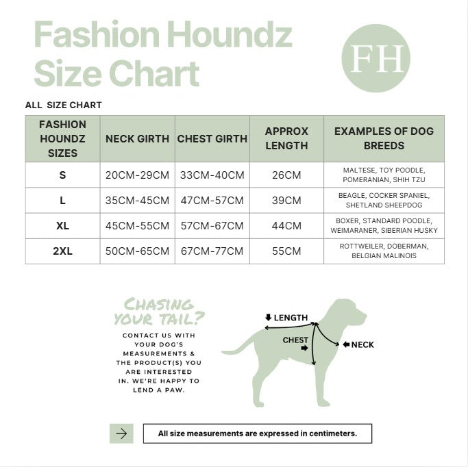 Fashion Houndz size chart for dog clothing with measurements and examples of dog breeds.