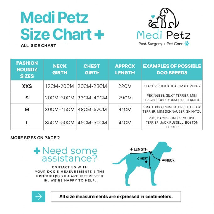 Medi Petz size chart for dog fashion products with measurements and examples of dog breeds.