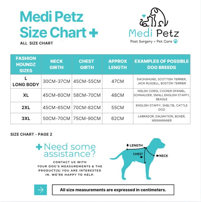 Medi Petz size chart for dog fashion products with measurements and examples of dog breeds.