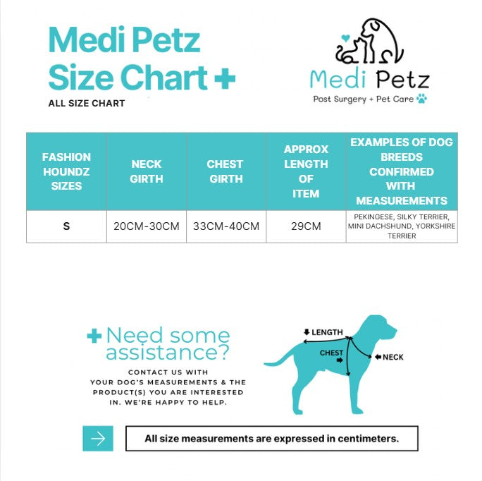 Medi Petz size chart for pet fashion and post-surgery care with dog silhouette.