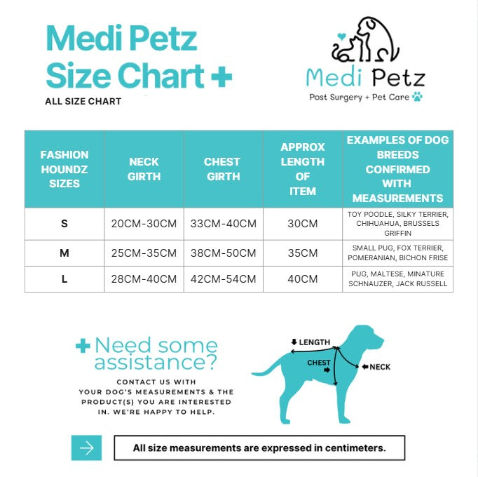 Medi Petz size chart for pet clothing with measurements and examples of dog breeds.
