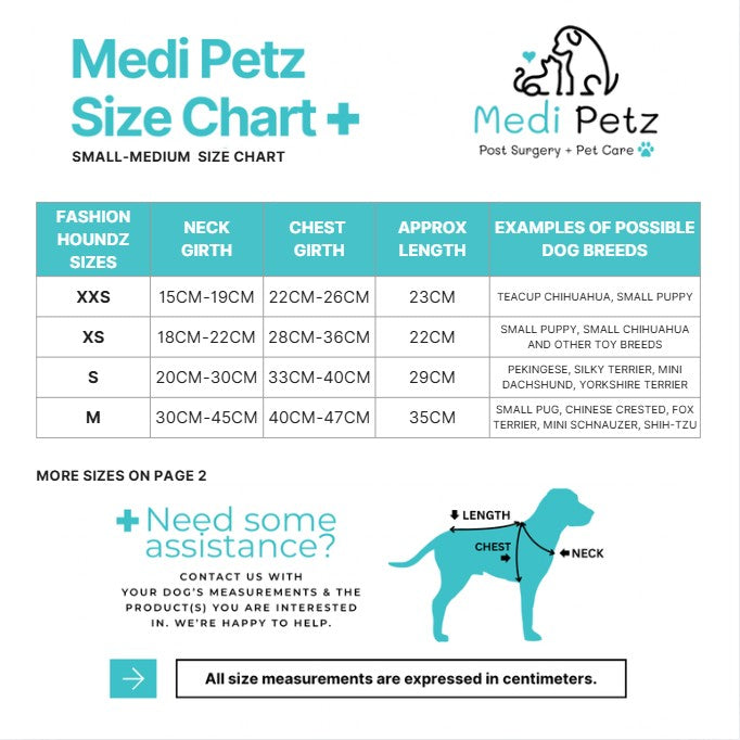 Medi Petz size chart for small to medium dog breeds on a white background