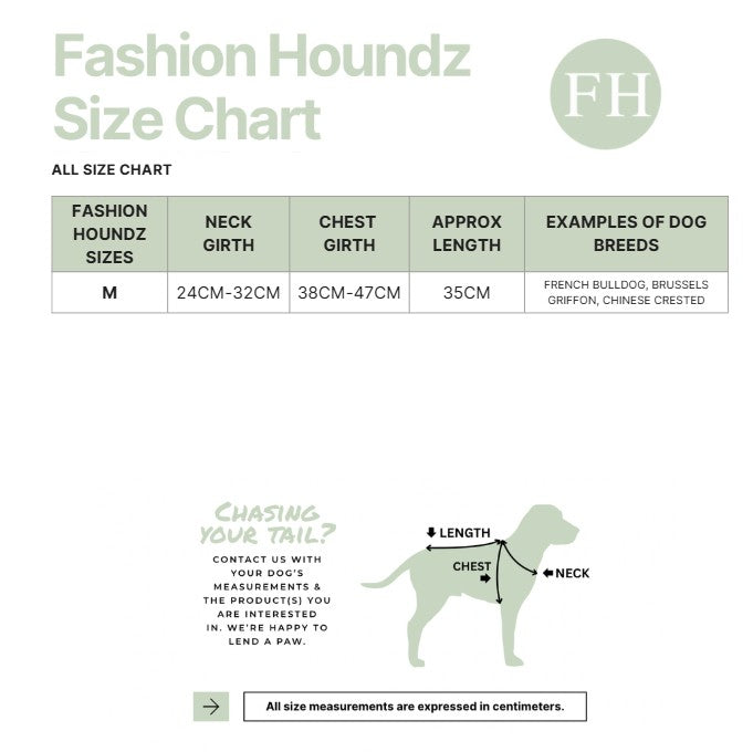 Fashion Houndz size chart for dog clothing with measurements and examples of dog breeds.