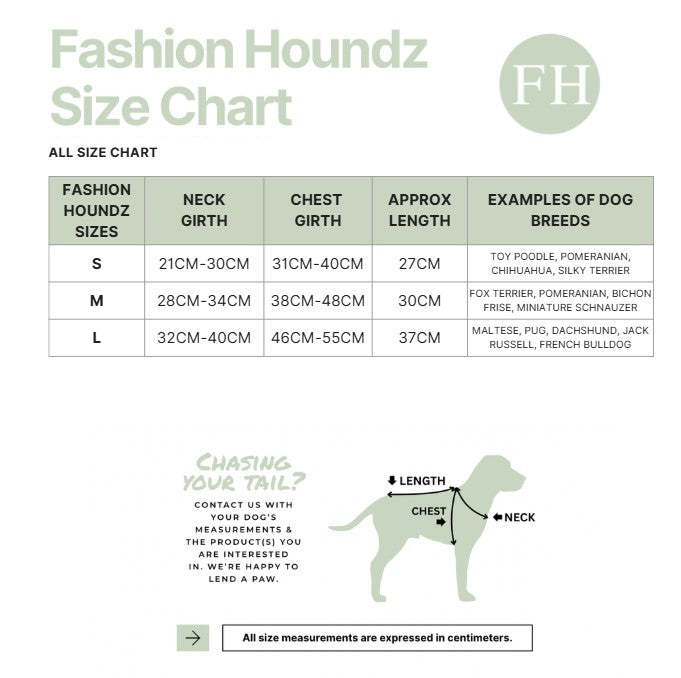 Fashion Houndz size chart for dog clothing with measurements and examples of dog breeds.
