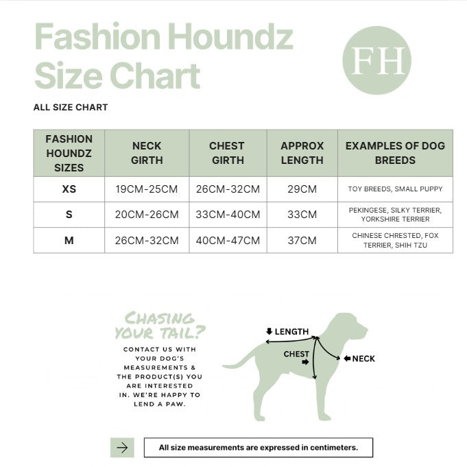 Fashion Houndz size chart for dog clothing with measurements and examples of dog breeds.