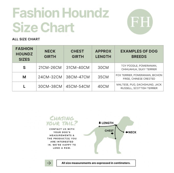 Fashion Houndz size chart for dog clothing with measurements and examples of dog breeds.