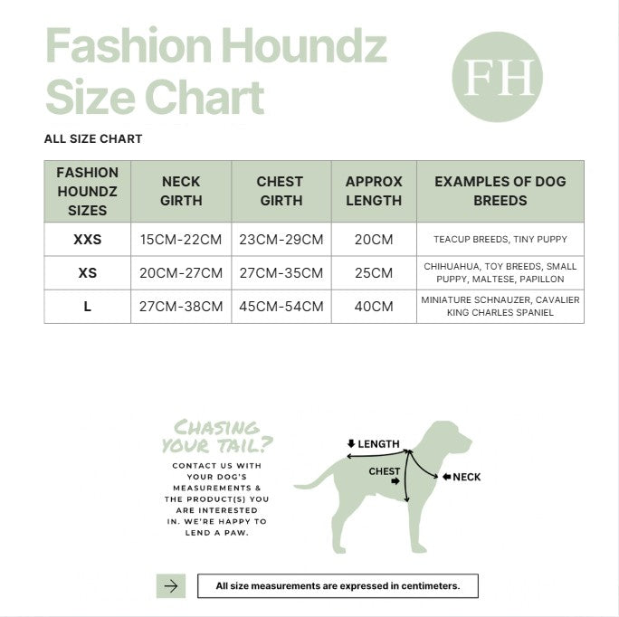 Fashion Houndz size chart for dog clothing with measurements and examples of dog breeds.