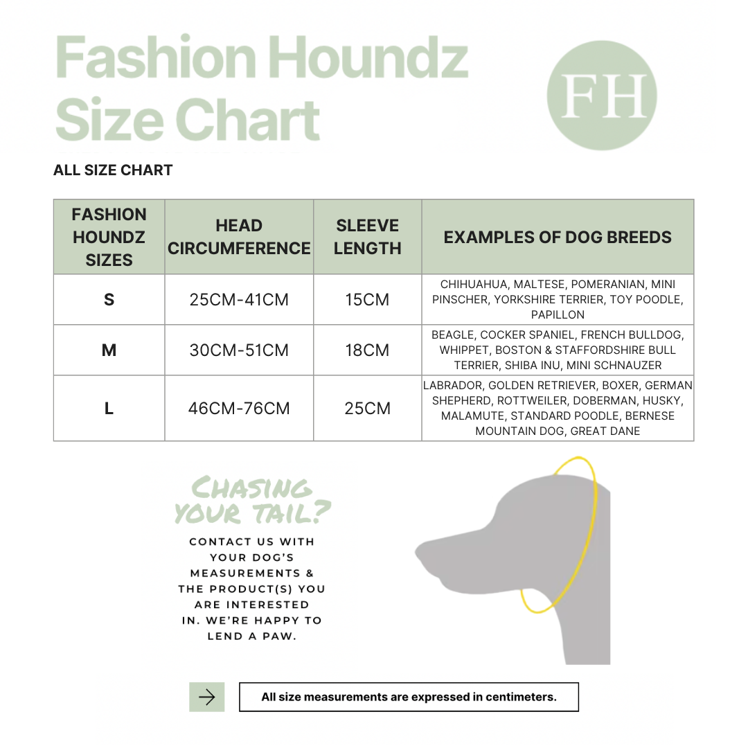A size chart graphic for Fashion Houndz dog collars, showing a table with sizes S, M, and L, head circumference, sleeve length, and example dog breeds. The chart also includes a diagram of a dog collar with a tail-shaped end and a hand measurement guide.