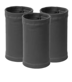 Three dark gray cylindrical sleeve-like products arranged together on a white background, with a small gray color swatch and the word GREY below.