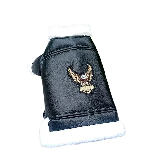Black leather glove with white fur lining and eagle emblem on a stone surface.