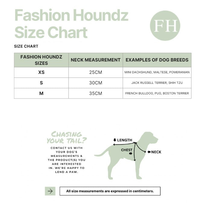 Fashion Houndz size chart for dog clothing with measurements and examples of dog breeds.