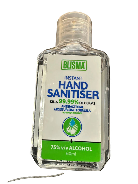 Blisma instant hand sanitizer bottle on a black and white patterned background